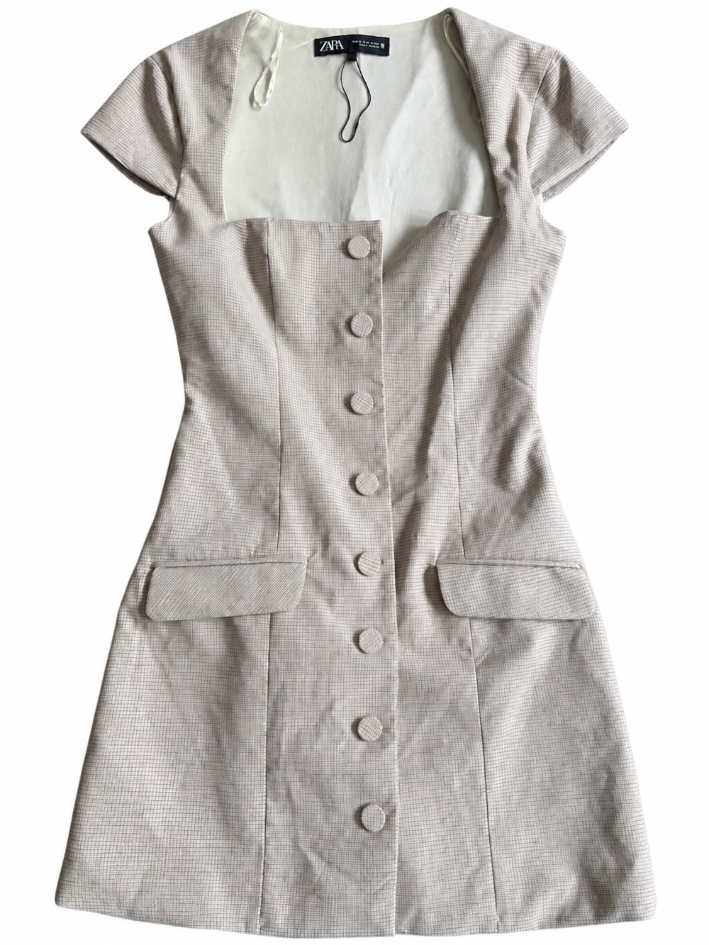 Zara Light Beige Short Sleeve Button Front Brown Gingham Dress